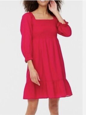 J Crew Factory Smocked Clip Dot Puff Sleeve Mini Dress Milkmaid Berry Pink M New